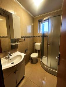 a bathroom with a sink and a toilet and a shower at Partners Perfect Place in Brela