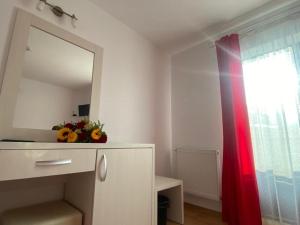 a bathroom with a mirror and a vase of flowers at Pensiunea Cassandra in Neagra Şarului +85 photos