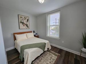 1 dormitorio con cama y ventana en Gorgeous and Spacious Studio at the Historic Inman - 200, en Champaign