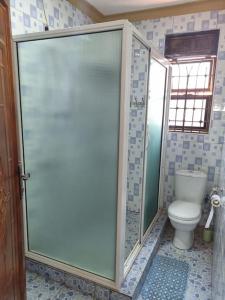 y baño con aseo y cabina de ducha de cristal. en Lovely 2 _ bedroom unit, en Kampala