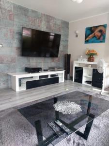 a living room with a flat screen tv on a wall at Apartment Mestwina in Gdynia