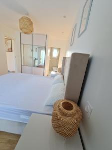a bedroom with a large bed and a mirror at Charmante Villa moderne in Pornichet