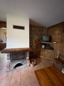 una sala de estar con chimenea de ladrillo en una casa en Domek Na Roztoczu, 