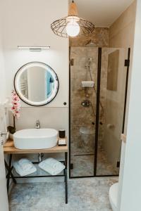 un baño con lavabo y ducha en ARINI WHITE HOUSE, en Sibiu 38 fotos más