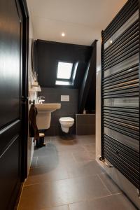 baño con lavabo y aseo y ventana en B&B 'n Drost, en Ootmarsum