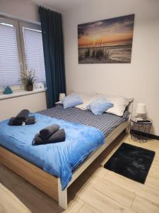 1 dormitorio con 1 cama grande con sábanas azules en Apartamenty Wypoczynkowa 3, en Rowy