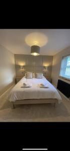 a bedroom with a large white bed with a light at Kilbarth Cottage in Haverfordwest