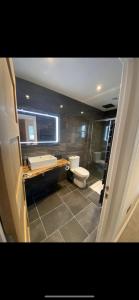 a bathroom with a toilet and a sink and a tub at Kilbarth Cottage in Haverfordwest