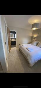 1 dormitorio con 1 cama blanca grande y TV en Kilbarth Cottage en Haverfordwest