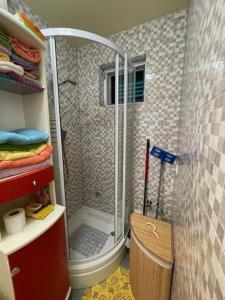 a shower with a glass door in a bathroom at Apartman Stela in Nin