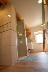 a bathroom with a shower with a glass door at Haus Jaeschke in Vetschau