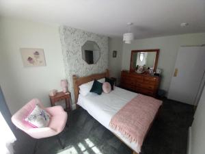 um quarto com uma cama, uma cadeira e um espelho em Bryncelyn Guesthouse em Llanwrtyd Wells