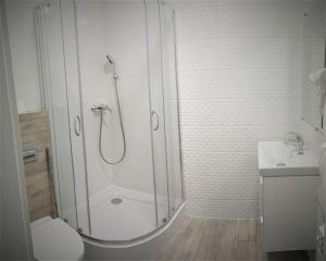 y baño con ducha, aseo y lavamanos. en Ludna 3, en Niechorze