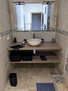 a bathroom with a sink and a large mirror at Appartement spacieux et charmant in Caumont-sur-Durance