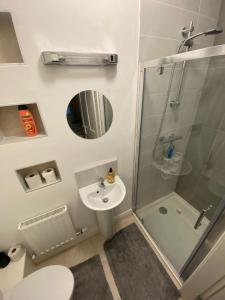 a bathroom with a shower and a sink and a toilet at The Nurseries in Boyle