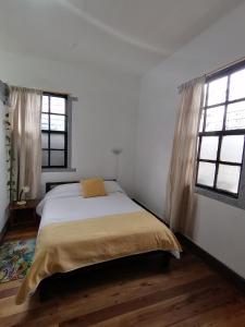 um quarto com uma cama e duas janelas em Galapagos Natural Life Hostel em Quito