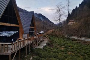 a log cabin with a car parked next to it at Mariposa Bungalov in Ayder Yaylasi