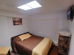 a small bedroom with a bed and a skylight at Galapagos Natural Life Hostel in Quito
