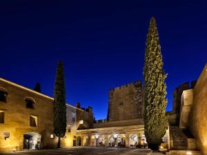 een gebouw met twee bomen er 's nachts voor bij Pousada Castelo de Alvito in Alvito