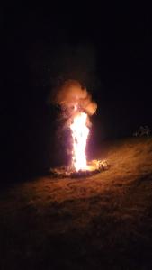 a fire in the middle of a field at night at Pensiune Runcu Stone in Runcu