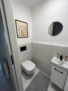 a bathroom with a white toilet and a sink at Kasperky 14 in Kašperské Hory