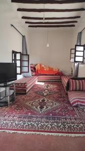 een woonkamer met een bank, een tv en een tapijt bij Magnifique ferme avec piscine in Marrakesh