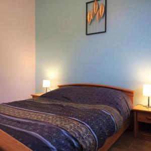 シャティオン・アン・ディオワにあるGîte du petit cheminのベッドルーム1室(ベッド1台、ランプ2つ、テーブル2台付)