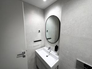 a bathroom with a sink and a mirror at Beldorado Apartments - Belgrade Waterfront Luxury Emerald Apartment 60m2 in Belgrade +19 photos