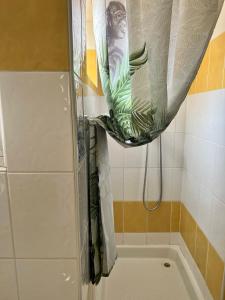 uma cortina de chuveiro na casa de banho com banheira em Petit nid Catalan , 10 minutes des plages em Perpignan