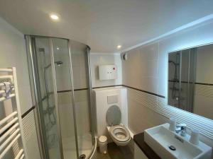 a bathroom with a shower and a toilet and a sink at Deauville, Superbe F4 - Marina - double expo vue mer rare ! in Deauville +42 photos