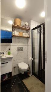 a small bathroom with a toilet and a shower at Прекрасный вид на море in Mezitli
