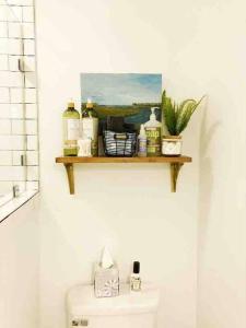 a shelf on the wall above a toilet in a bathroom at Liz Lane Cottage- entire guesthouse in Charleston