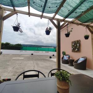 eine Terrasse mit Topfpflanzen, die von einer Pergola hängen in der Unterkunft O POSTIGO in Praia da Vitória