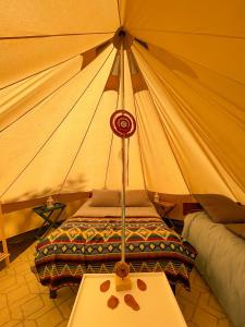 Habitación con tienda de campaña, cama y mesa. en Casa del Árbol - Glamping, en Malalcahuello