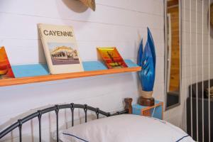 a bedroom with a bed and a shelf with books at Chalets Boiskanon B in Matoury