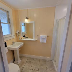bagno con lavandino, servizi igienici e specchio di Kohala Village INN a Hawi