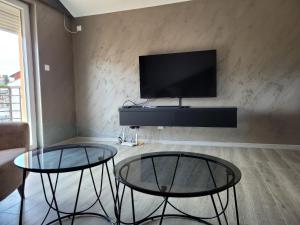 sala de estar con 2 mesas de cristal y TV de pantalla plana en Double Dream Vrnjačka Banja, en Vrnjačka Banja