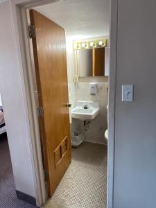 uma casa de banho com um lavatório, um WC e uma porta em Bear's den Lounge and Motel em Deep River