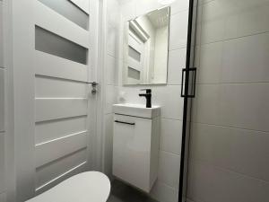 Baño blanco con aseo y lavamanos en MMRent Sparrow Room, en Gdansk