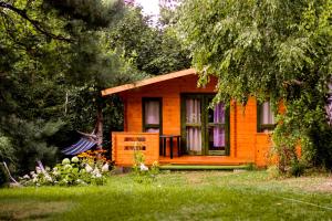 een klein oranje huis midden in een tuin bij Mazurskisen in Mrągowo