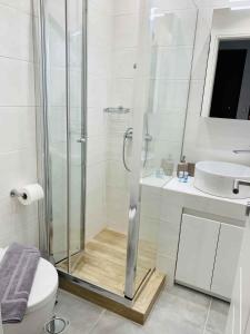 ein Bad mit einer Dusche, einem WC und einem Waschbecken in der Unterkunft Casa al Mare in Nea Roda