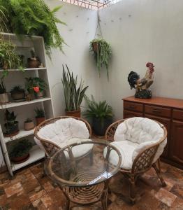 2 chaises et une table en verre dans une pièce ornée de plantes dans l'établissement Casa Cultura, à Lima