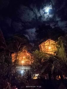 a building at night with the moon in the sky at Sanctuaria Treehouses Busuanga in Busuanga