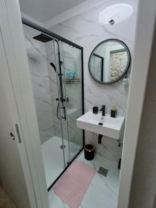 uma casa de banho com um chuveiro, um lavatório e um espelho. em Garma em Slatine
