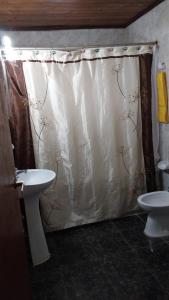 uma cortina de chuveiro na casa de banho com lavatório em Hospedaje compartido SOL em Ushuaia