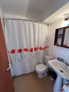 baño con aseo y cortina de ducha con amapolas en Acogedor depto con vista al mar en Reñaca, en Viña del Mar