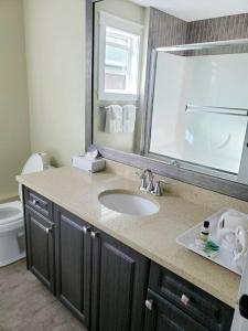 a bathroom with a sink and a mirror and a toilet at BlueBack BeachFront 2-Bedroom Private Apartment in Nanaimo