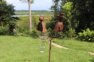 un nourricier d'oiseaux avec deux oiseaux en haut dans l'établissement Konsenda Bocas del Toro, à Bocas del Toro