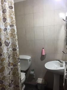 y baño con aseo, lavamanos y cortina de ducha. en Casa Victoria en Saavedra amoblada en Buenos Aires