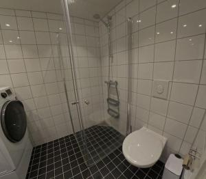 a small bathroom with a toilet and a shower at Apartment in city center in Alta